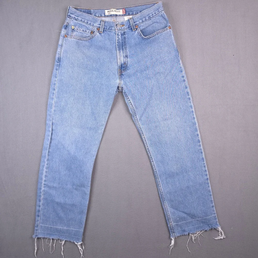 Levis 505 Regular Fit Jeans Light Wash Blue 34x30 Denim Distressed Raw Hem 90s